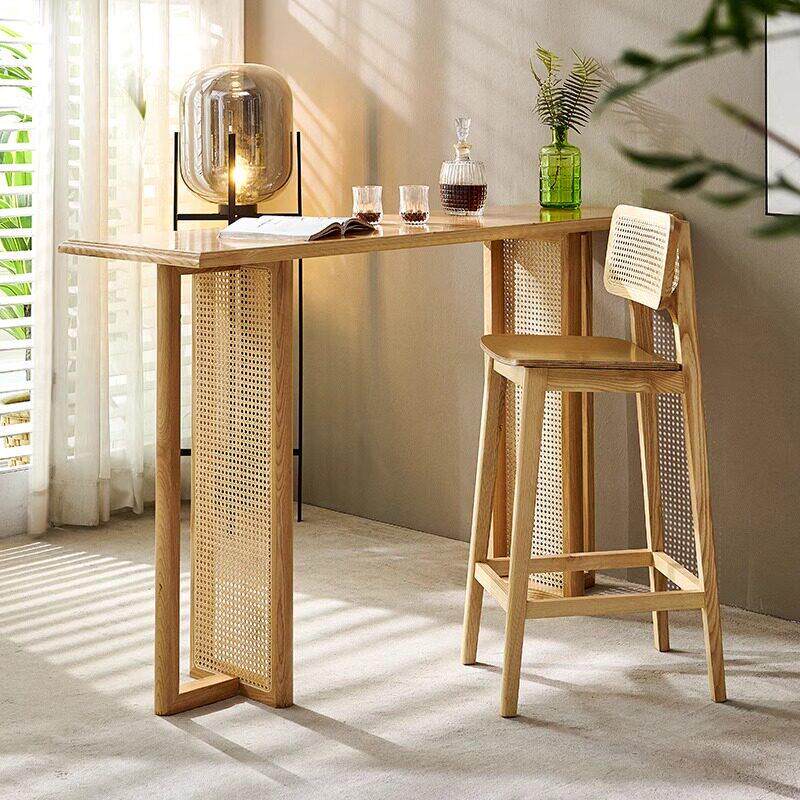 北欧实木家用吧台桌椅组合简约藤编吧台式餐桌小户型客厅高脚桌子
