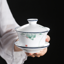 盖碗手绘功夫泡茶碗，单个白瓷茶具茶杯陶瓷，三才盖碗简约家用敬茶器