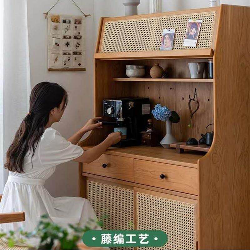 北欧中古实木餐边茶水玄关日式酒柜靠墙藤编储物柜收纳高柜现代