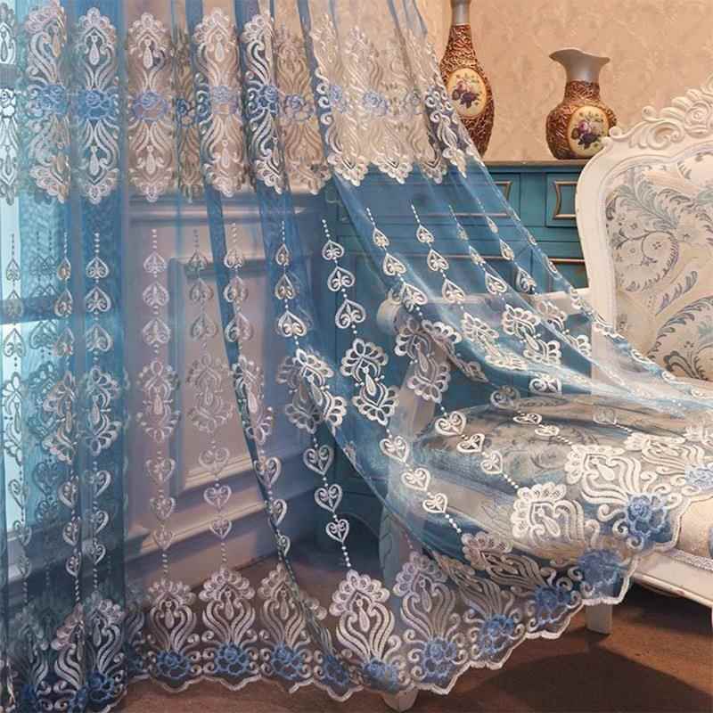 跨境品成现货遮BEO四季客厅餐厅阳台落地窗欧纱式刺绣阳窗纱帘蓝