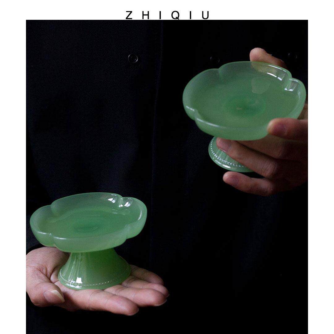 执秋 绿色花朵奶玻璃高脚盘中式小号复古托盘壶承甜品盘茶点果盘