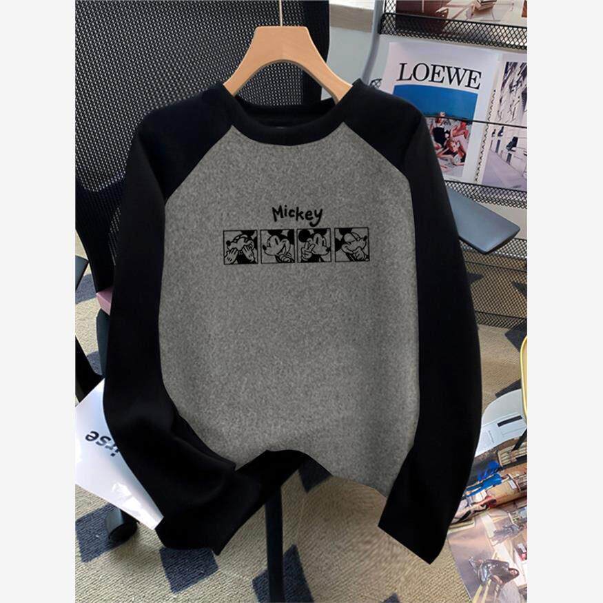 韩国设计感撞色磨毛正肩长袖t恤女纯棉加厚印花上衣打底衫秋冬季