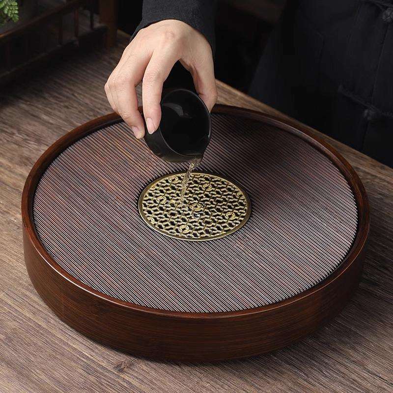 家用干胡桃色水式茶储盘圆形茶托盘竖美简居约家百搭茶台泡盘蓄水