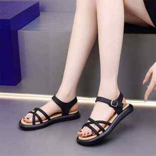 法式 罗马凉鞋 女夏2025年新款 一字绑带平底孕妇软底防滑沙滩鞋