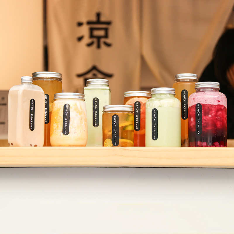 奶茶瓶一次性带盖PET桶装塑料饮料瓶500ml商用外卖胖胖网红杯子