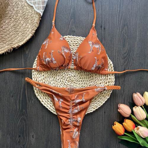 Printed string bikini set with low waist tie