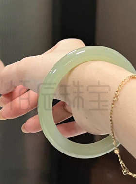 阿富汗碳酸盐质玉鸭蛋青圆条青白晴水正圆条小众美人条玉石镯子