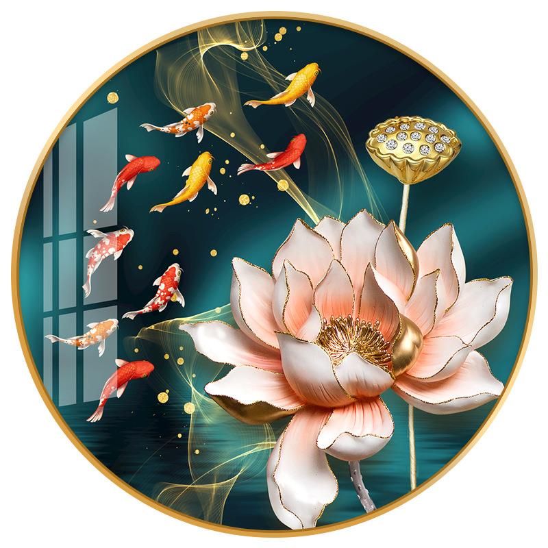 新款直销钻石画免裱新款满钻客厅圆形玄关荷花九鱼图钻石绣贴