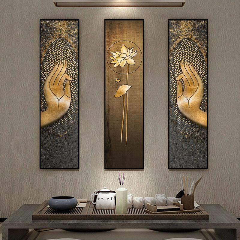 中式古典装饰画客厅有框三联画动物荷花图案艺术版画