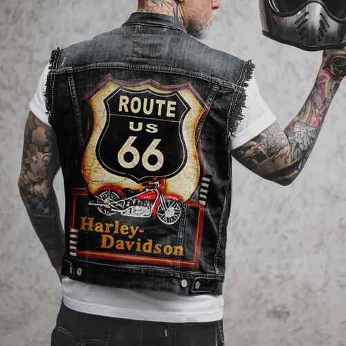 Motorcycle printed sleeveless denim jacket, denim vest,