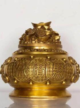 纯黄铜带盖开盖聚宝盆摆件五路财神聚宝盆大小号家居礼品风水装饰