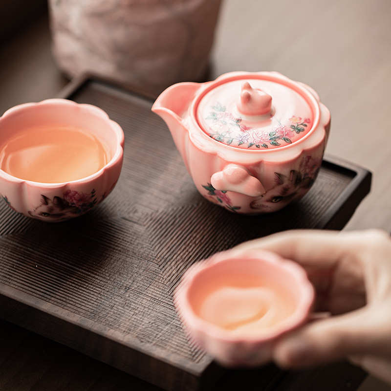 红粉猪油冻旅行茶具一壶二杯便携式快客杯户外差旅露营简易泡茶组