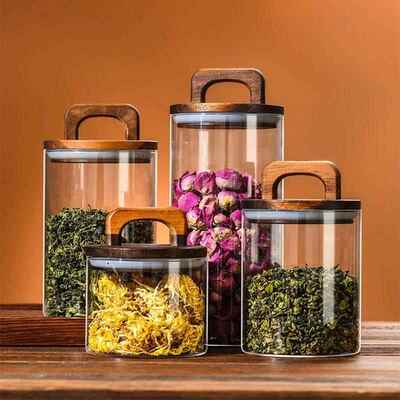 Thickened Glass Sealed Jar with Wooden Lid Waterproof Moistu