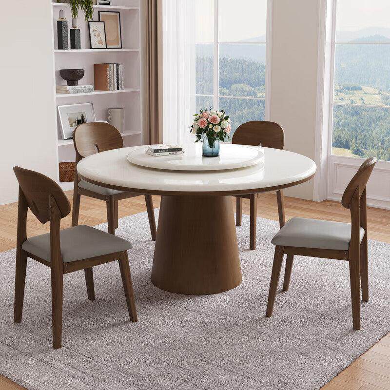 高档白冰玉大理石圆形餐桌带转盘新款北欧实木中古风家用圆桌饭桌