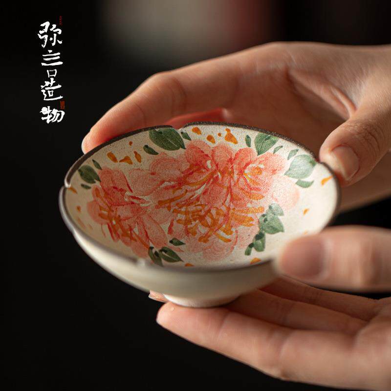 家用大号主人杯日式粉引手绘牡丹普洱杯手工粗陶花口茶杯单杯