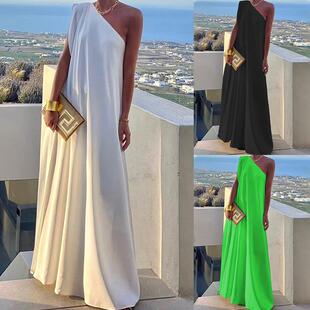 Women Sleeveless Asymmetric Color Slit 1 Shoulder Maxi Dress