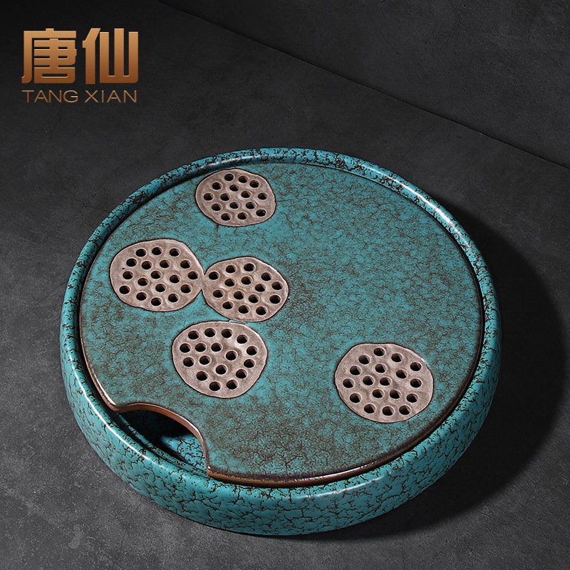 祖母绿功夫茶盘圆形茶台家用小茶台陶瓷干泡台小型储水式茶海托
