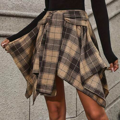 Women's Plaid Print Belted Asymmetrical Hem Flared Chinos