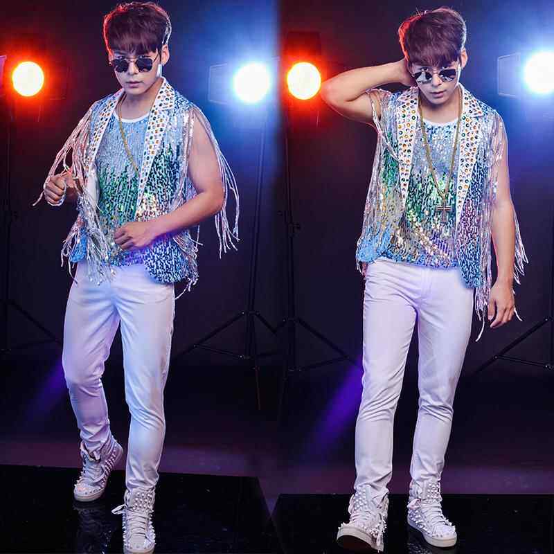 正品潮男歌手夜店马酒吧架裤子DJ演出鼓服装个性流苏亮片水晶钻甲