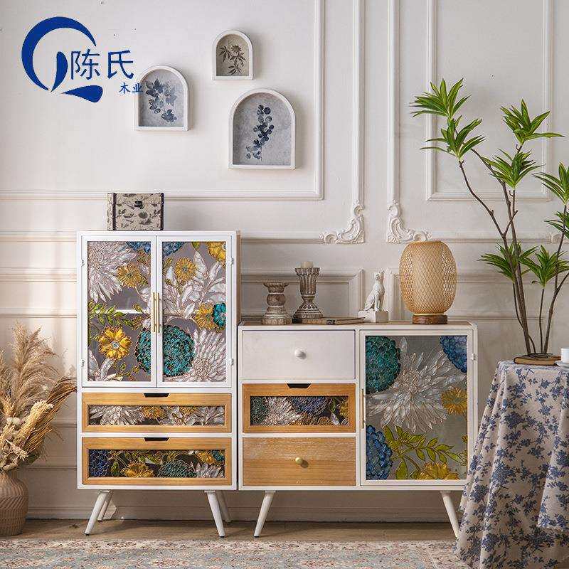 欧式入户玻璃彩绘玄关柜家用客厅装饰柜收纳柜茶水间组合收纳柜子