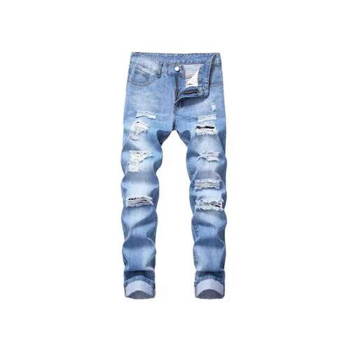 Jeans Denim Mens Navy Blue Ripped Elastic Skinny Jeans,