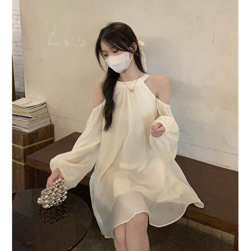 Off shoulder neck dress with white lettering for women