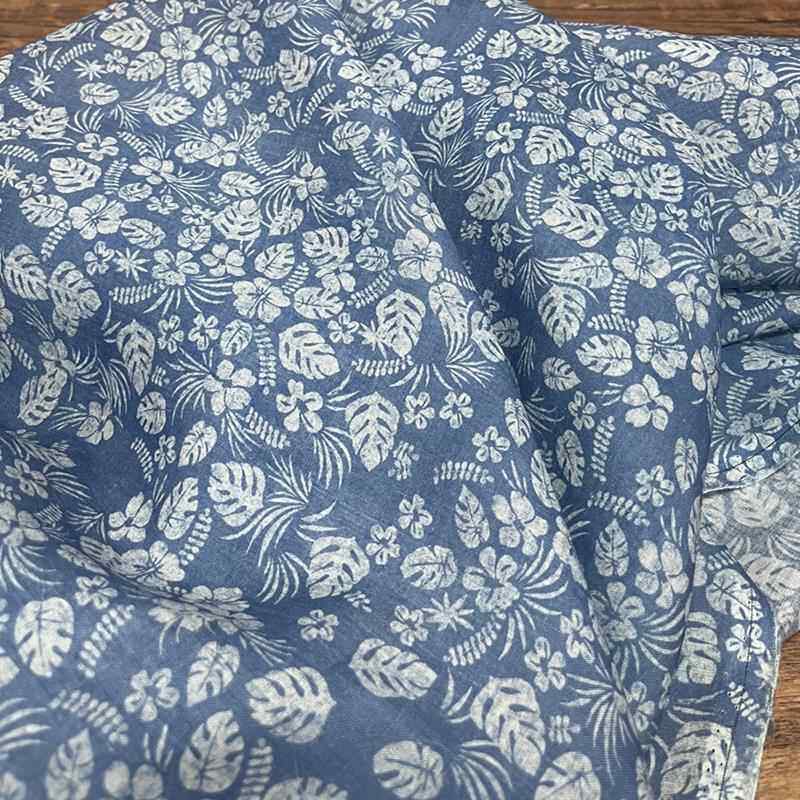 布久以逅中式复古苎麻印花衬衫面料汉服料国风连衣裙布料  青花瓷