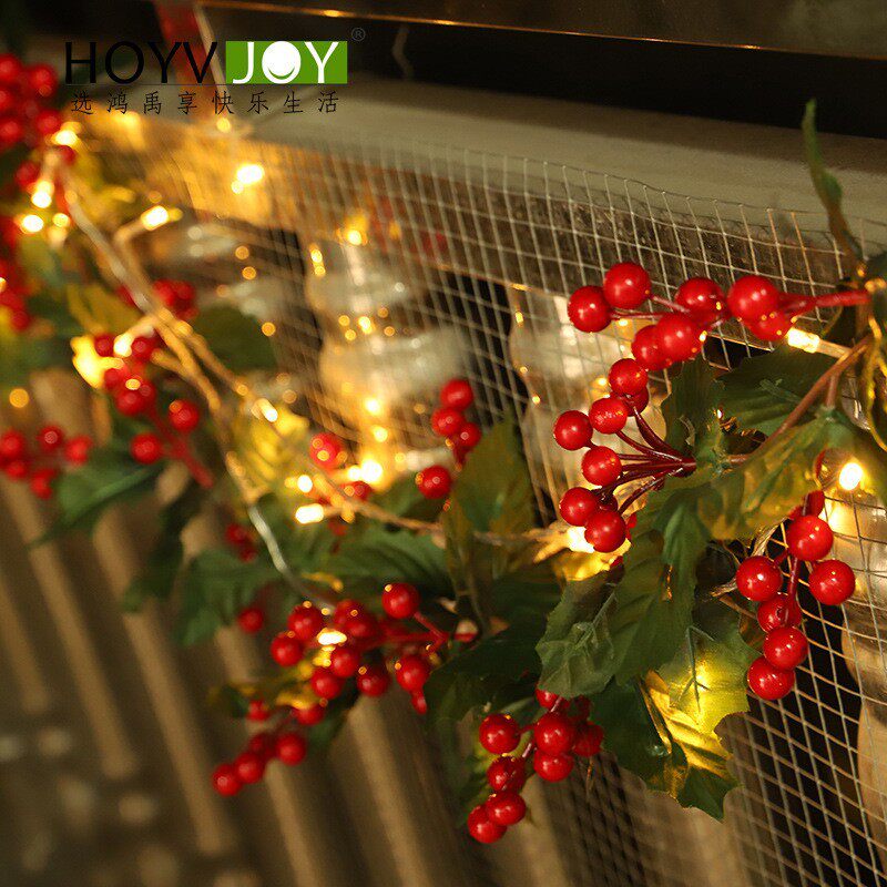 鸿禹 仿真植物绿色叶子红果藤条 家居商场橱窗带灯春季装饰藤蔓