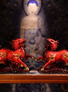 高档墨留香陶装瓷火麒麟摆件一对财家居饰染开业办公室客招厅礼品