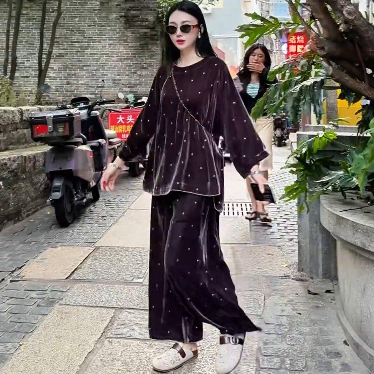 好货复古丝绒时尚套装女士秋季新款宽松显瘦波点上衣休闲阔腿裤两