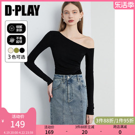 DPLAY春季气质黑色一字肩上衣不对称斜肩上衣打底衫露肩t恤女