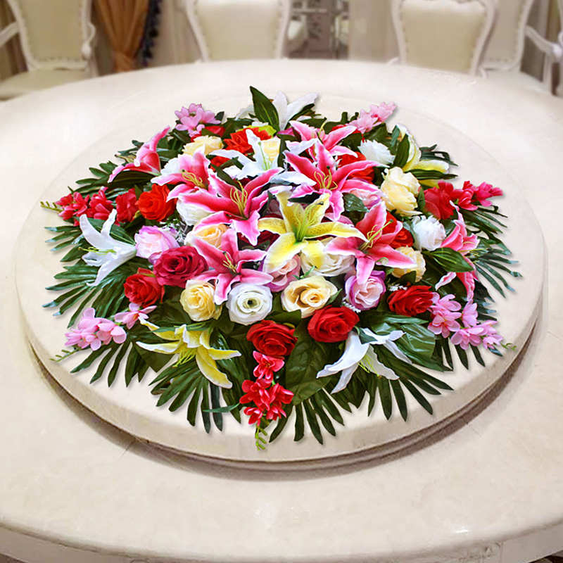 花酒店花餐厅花桌面装饰品转盘花假插花花艺餐桌形摆件摆仿真大圆