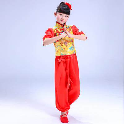 高档儿童鼓秧服演出服演装男女童喜庆歌服幼儿说唱中国红舞打蹈表