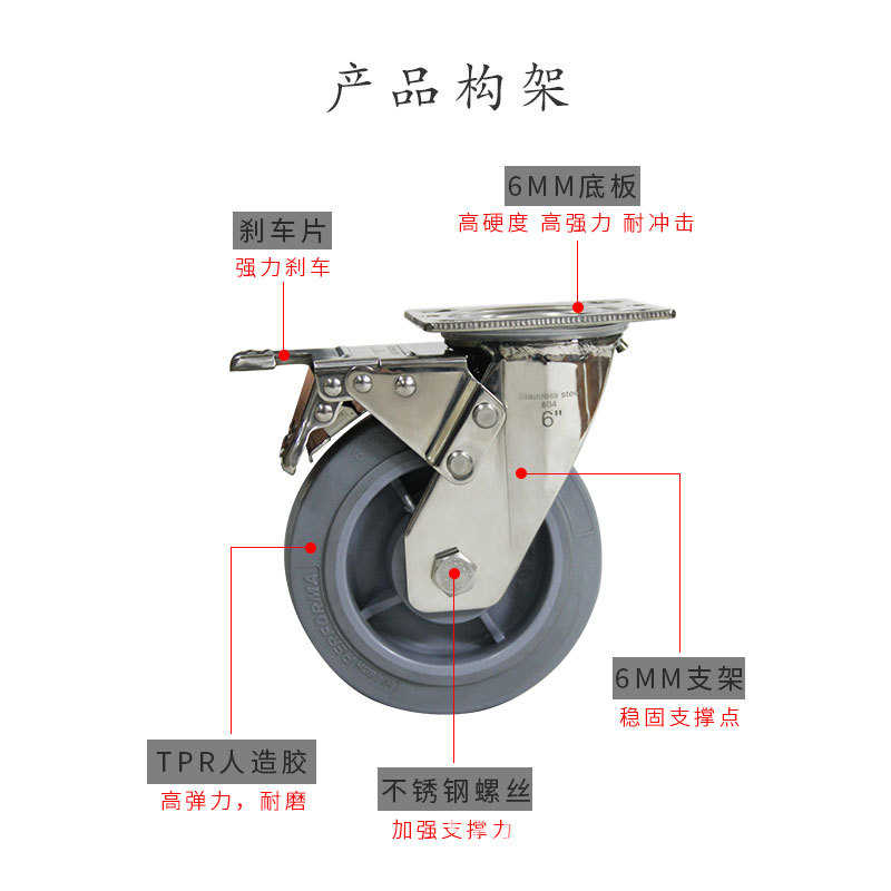 仓储橡胶带刹车万向重型轱辘静音笼不锈钢tpr脚轮手推车轮工业