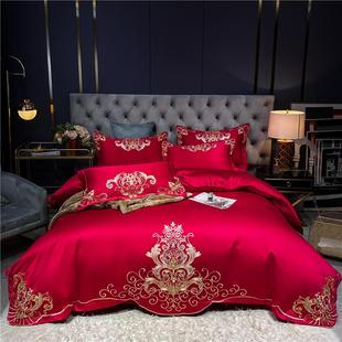 高档10式 结婚红4件套长全棉绒 0支纯棉庆四件床单床笠被套裸睡欧式