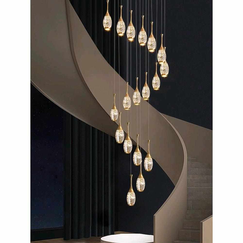 2024年新款公寓轻奢气泡水晶旋转楼梯挑空别墅复式楼梯吊灯