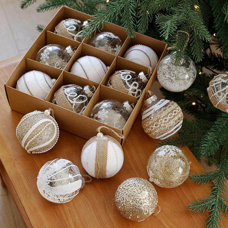 新品8CM塑料球泡沫球圣诞球盒装套餐粘粉线条圣诞树挂件吊球装饰