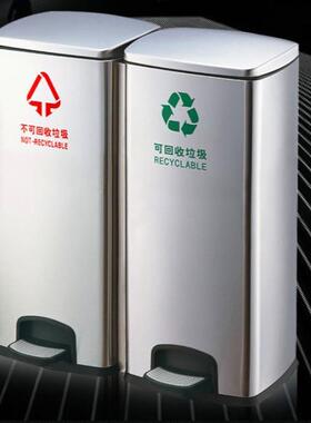 室内双桶分类脚踏垃圾桶不锈钢3060L大号上海干湿垃圾分类分离桶