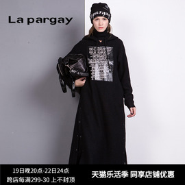 lapargay纳帕佳女装春秋季黑色中长款针织休闲连衣裙显瘦