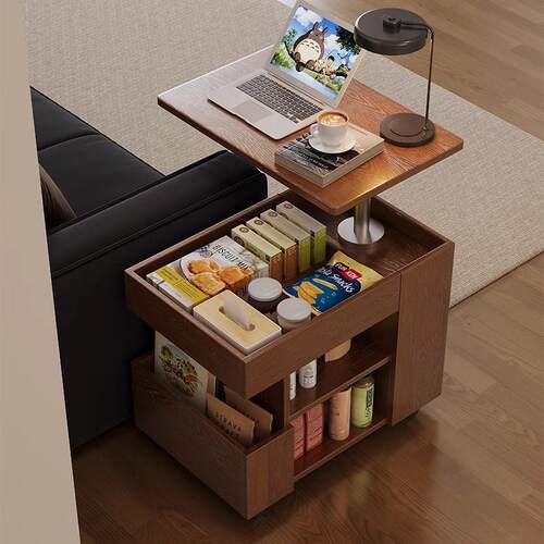 实木茶几可升降小户型客厅家用沙发边柜阳台茶桌可移动小推车边几