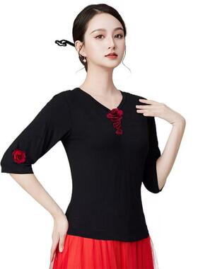 广场舞服装中袖上衣夏天莫代尔棉舞蹈服装新款古典舞立体花演出服