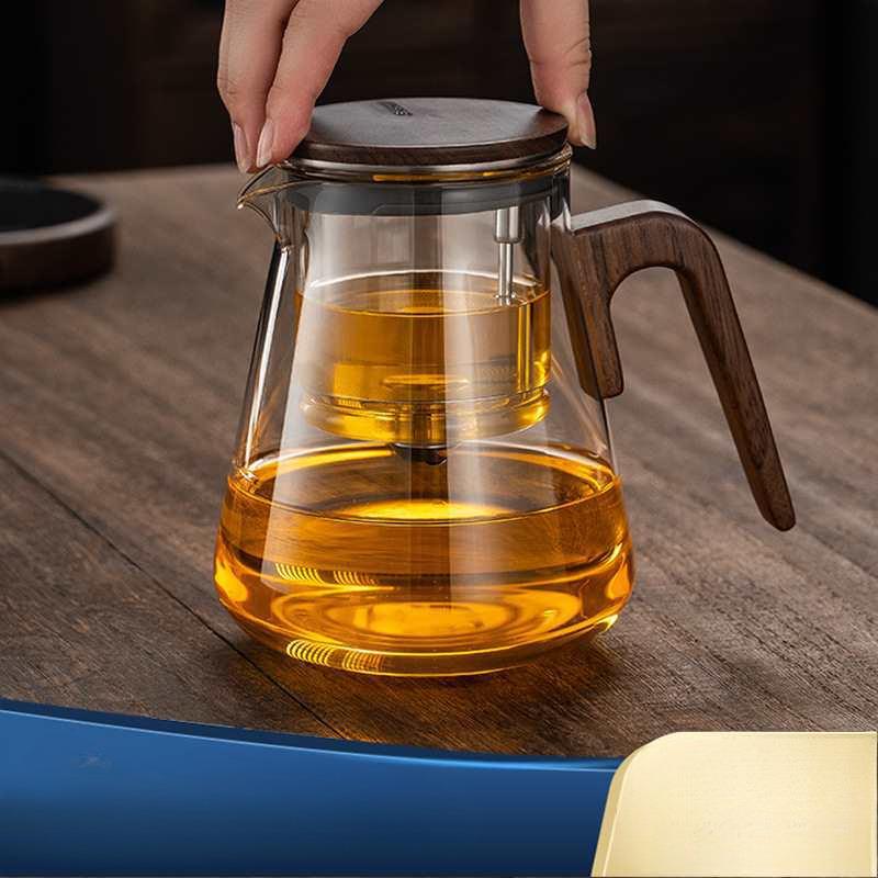 邦田飘逸杯泡茶壶磁旋开关过滤茶壶胡桃木泡茶杯全玻璃内胆茶具器