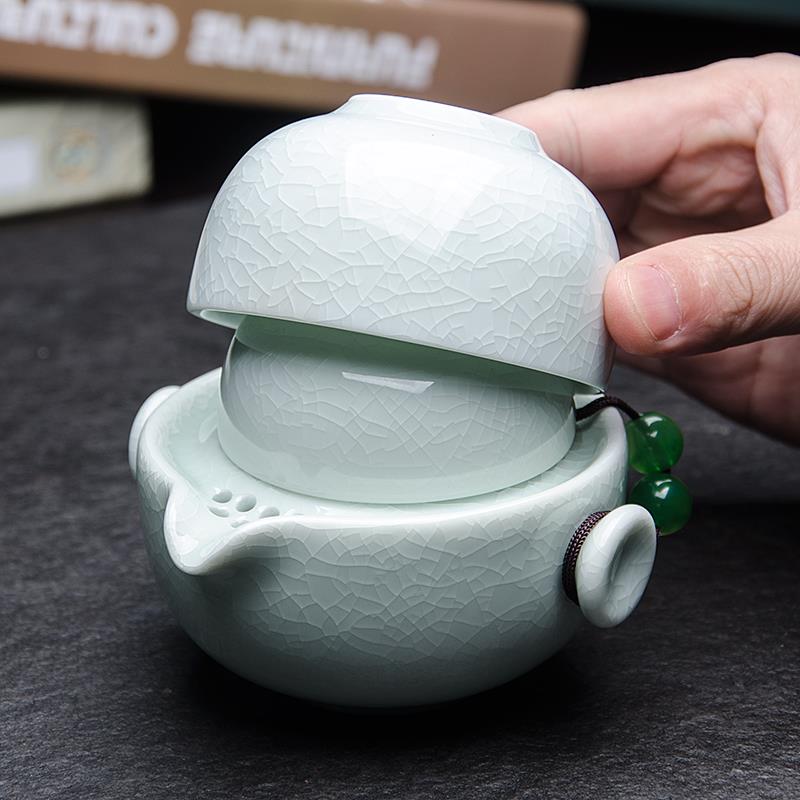 汝窑青玉快客杯一壶二杯旅行茶具套组单人可携式泡茶杯个人专用茶