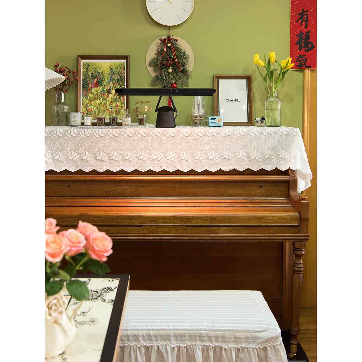 轻枝素色钢琴罩白色蕾丝半罩法国防尘保护全罩数码钢琴凳罩定制织