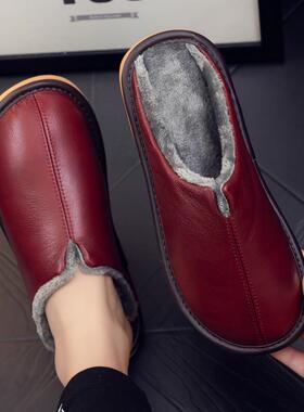 拖鞋家居室内秋冬季防水皮面棉情侣防滑保暖家用厚底毛0909b