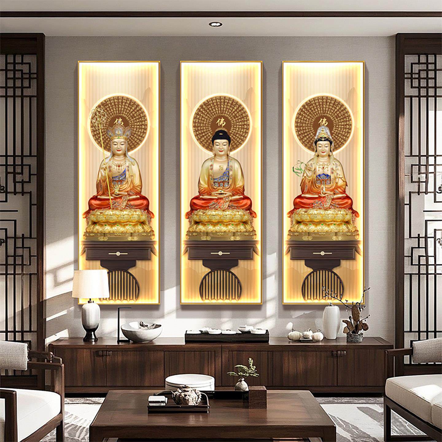 娑婆三圣地藏菩萨画像装饰画家用供奉佛堂背景墙心经壁画佛像挂画