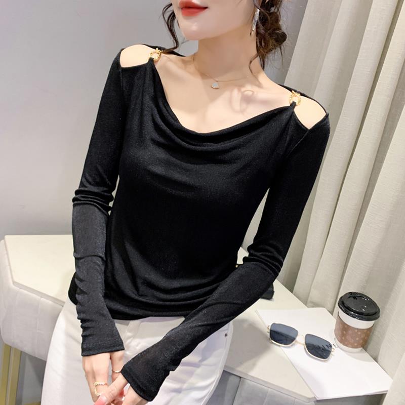 韩国露肩上衣女新款春装百搭长袖t恤女时尚洋气设计感内搭打底衫