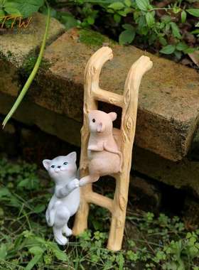 可爱猫咪老鼠兔子爬梯树脂装饰花园庭院露台装饰摆件