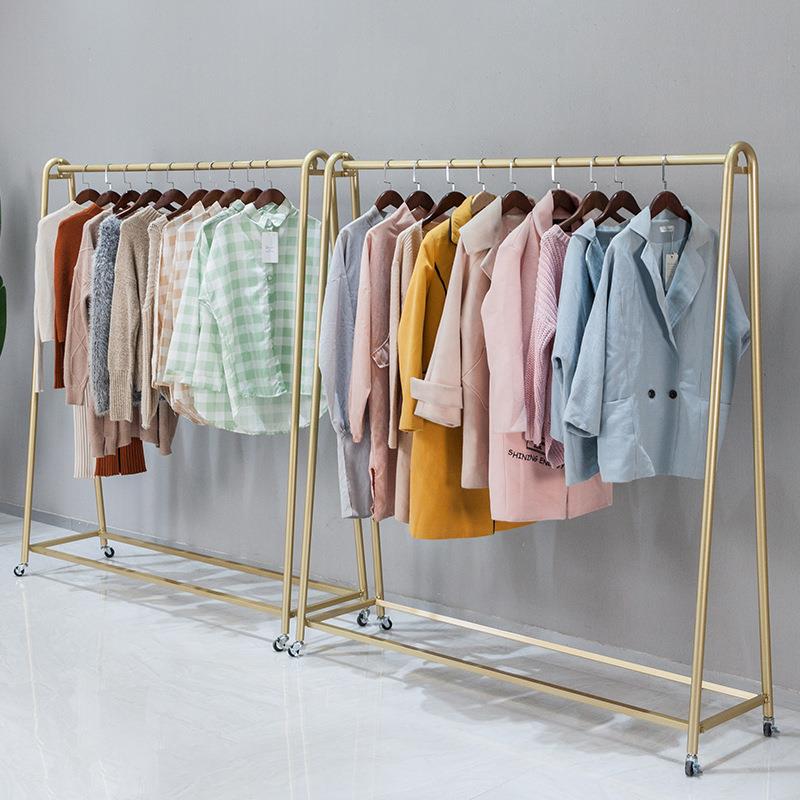 新品服装店展示架落地式铁艺货架金色女装挂衣杆童装中岛架陈列架
