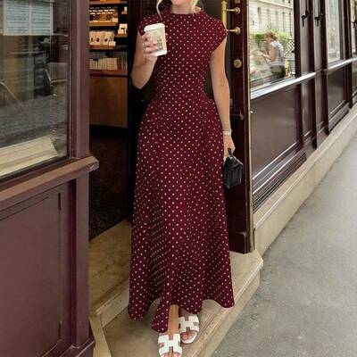 Women Polka Dot Midi Dress A Line High Waisted Flowy Dress